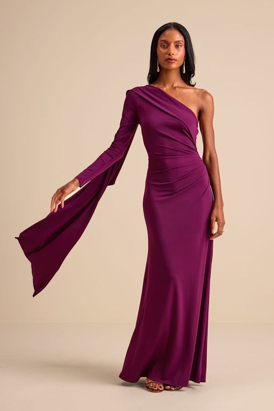 NWT Lulus Maru Plum Purple Long Sleeve One-Shoulder Sash Maxi Dress Gala Size XS